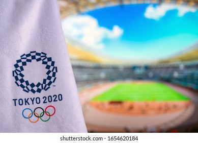 TOKYO, JAPAN, FEBRUARY. 14. 2020: Athletics Track, At Stadium, Tokyo 2020 Olympic Game Logo On White Background