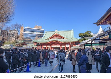 TOKYO, JAPAN - JAN 4, 2022: Crowd Of Hatsumode At The Kanda Myojin Shrine In Tokyo, Japan.