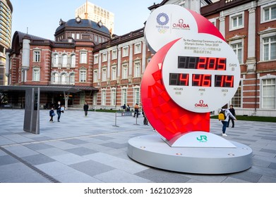 Tokyo, Japan - January 01, 2020 - Count Down Clock In Front Of Tokyo Station That Counts Down To The Opening Ceremony Of Olympic Games Tokyo 2020