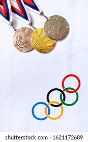 TOKYO, JAPAN, JANUARY. 20. 2020: Olympic Circles And Medal Set