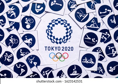 TOKYO, JAPAN, JANUARY. 20. 2020: Summer Olympic Game Background, Icon Of All 33 Sports An Logo For Game Tokyo 2020