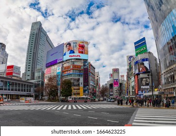 Tokyo, Japan - January, 2020: A Panorama Picture Of The Shibuya Crossing, Taken From The Street Level.