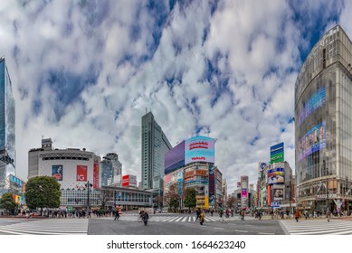 Tokyo, Japan - January, 2020: A Panorama Picture Of The Shibuya Crossing, Taken From The Street Level.