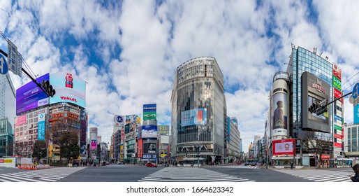 Tokyo, Japan - January, 2020: A Panorama Picture Of The Shibuya Crossing, Taken From The Street Level.