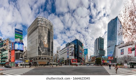 Tokyo, Japan - January, 2020: A Panorama Picture Of The Shibuya Crossing, Taken From The Street Level.