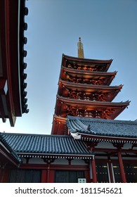 Tokyo, Japan - January 24th 2018: An Upward View of the Five-Storey Pagoda of Sensō-ji on a Cold Blue Evening at Sunset 
