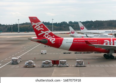 Tokyo, Japan - January 25, 2020:Thai Air Asia Plane Is Preparing To Stop And Wait For The Customer Transfer Service At Narita Airport.