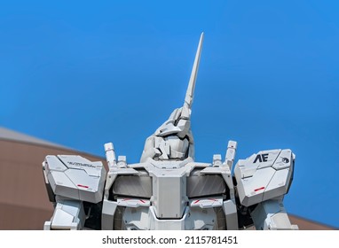 Tokyo, Japan - January 28 2022: Close Up On The Upper Body Of Giant Robot Statue RX-0 Unicorn Gundam From Japanese Manga And Anime Series Mobile Suit Gundam Unicorn At DiverCity Tokyo Plaza In Odaiba.