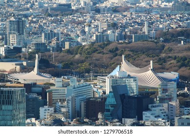 TOKYO, JAPAN - January 3:  Overhead View Of Tokyo's Skyline Including Modern Buildings In Omotesando / Aoyama, The Kenzo Tange-designed 1960s Yoyogi Olympic Gymnasiums & Yoyogi Park.