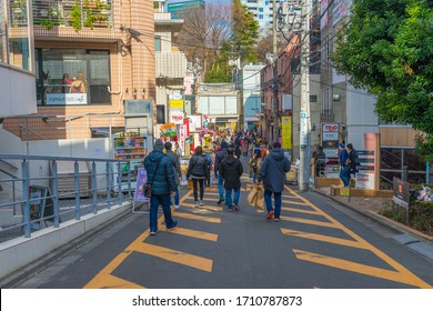 Tokyo, Japan - January 4,2020 : Crowd of people walking and shopping in Harajuku area in Tokyo, Japan on January 4,2020.