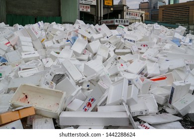 Tokyo: Japan - January  9th 2013: Tsukiji fish market big pile of styrofoam boxes