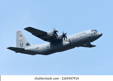 Tokyo, Japan - July 16, 2018:United States Air Force Lockheed Martin C-130J-30 Super Hercules cargo aircraft at Yokota AB.