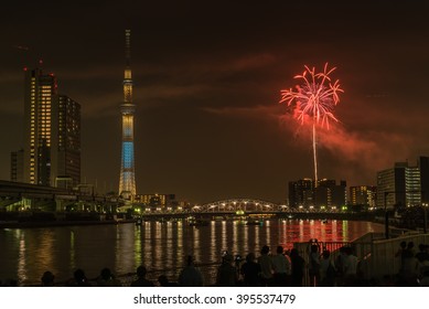 Tokyo, Japan - July 25,2015 : Summer  firework Festival in Tokyo at sumida river Near tokyo sky tree