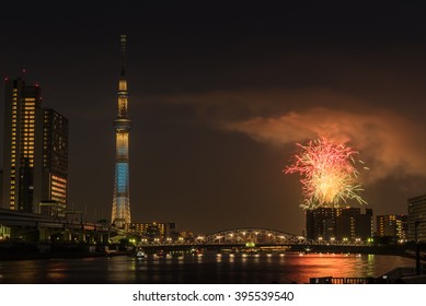 Tokyo, Japan - July 25,2015 : Summer  firework Festival in Tokyo at sumida river Near tokyo sky tree