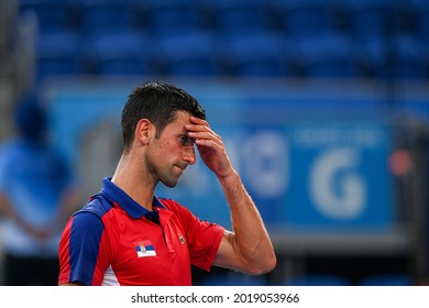 TOKYO, JAPAN --JULY 28: Novak Djokovic of Serbia reacts against Alejandro Davidovich Fokina of Spain during the Men's Singles Third Round Tennis Match on day five of the Tokyo 2020 Olympic Games