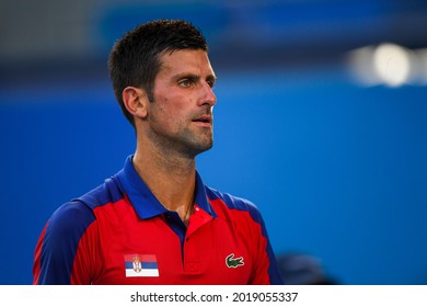 TOKYO, JAPAN --JULY 28: Novak Djokovic of Serbia reacts against Alejandro Davidovich Fokina of Spain during the Men's Singles Third Round Tennis Match on day five of the Tokyo 2020 Olympic Games