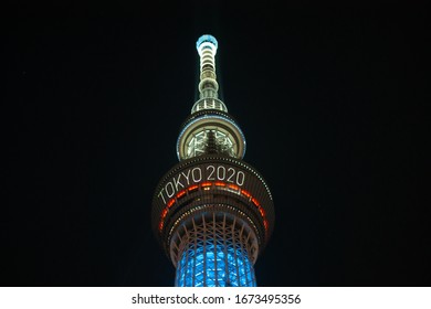 Tokyo, Japan - July 29, 2019: The Skytree Tower Is Illuminated At Night Announcing The Olympics Of Tokyo 2020.