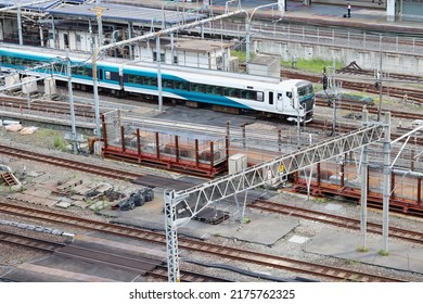 TOKYO, JAPAN - July 7, 2022: Overhead View Of An Odoriko Express Train Arriving At Tokyo Station.