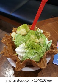 Tokyo / Japan - June 18, 2018:  Delicious Matcha Green Tea Ice Cream Treats Created And Served By Cold Stone Creamery In The Tokyo SkyTree.