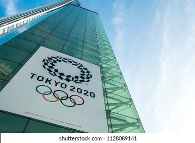 TOKYO / JAPAN - JUNE 19, 2018 /Tokyo 2020 Licensing Office. Symbols Of The Olympics And Paralympics On The Facade Of The Building.