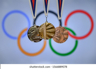 TOKYO, JAPAN, JUNE. 20. 2019: Gold, Silver And Bronze Medal, Summer Olympic Game, Tokyo, Japan