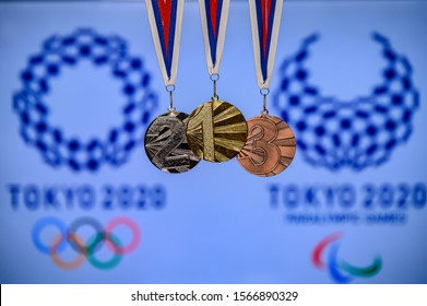 TOKYO, JAPAN, JUNE. 20. 2019:TOKYO, JAPAN, JUNE. 20. 2019: Olympic And Paralympic Game Logo, Tokyo 2020, Medal Trophy, Gold, Silver And Bronze