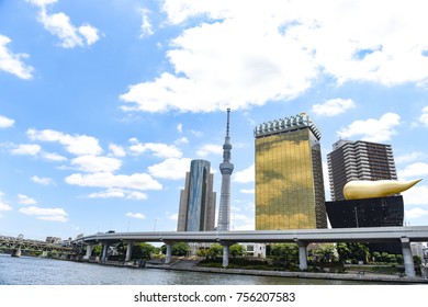 TOKYO, JAPAN - June 28, 2017 :Tokyo skytree, the highest tower in Japan with blue sky background and Sumida river as foreground