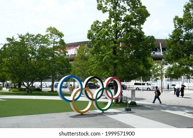 Tokyo, Japan - June 28 2021: The Olympic Rings Logo At Japan Sport Olympic Square. Across The Street Is The Olympic Stadium.