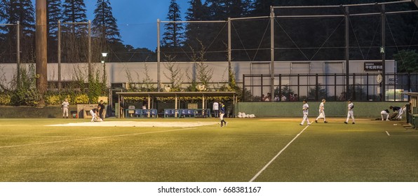 TOKYO, JAPAN - JUNE 28TH 2017. Players Practicing Baseballs At Night. Baseball Is A Popular Sport In Japan.