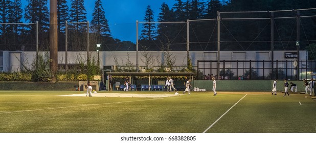 TOKYO, JAPAN - JUNE 28TH 2017. Players Practicing Baseballs At Night. Baseball Is A Popular Sport In Japan.