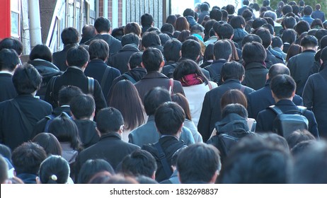 TOKYO, JAPAN -MAR 2020 : Back Shot Of Unidentified Crowd Of People Walking Down The Street In Busy Rush Hour. Many Commuters Going To Work. Japanese Business Man And Woman, Job And Lifestyle Concept.