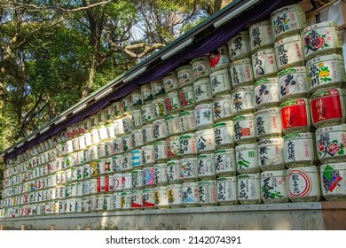 Tokyo, Japan – March 10, 2020 –  Traditional colorful barrels of sake (nihonshu) donated to Meiji Shinto Shrine for offering to the deities that visit on Japanese New Year's day in Shibuya, Tokyo