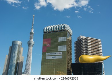 Tokyo, Japan – March 11, 2020 – View of the Sumida Ward with Sumida City Office, Tokyo Skytree Tower and Asahi Breweries headquarters from Asakusa, Tokyo