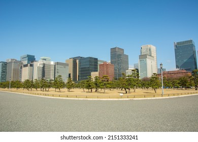 Tokyo, Japan – March 15, 2020 – Skyline of Marunouchi district, viewed from Imperial Palace in Chiyoda City special ward located in central Tokyo