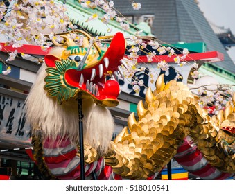Tokyo, Japan - March 18, 2015: Golden Dragon Dance 'Kinryu no mai', a traditional commerative event held at Senso-ji temple in Tokyo every March