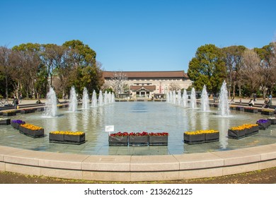 Tokyo, Japan – March 5, 2020 - View of the Honkan (Main Gallery) part of the Tokyo National Art Museum seen through the fountain in Ueno Park in the Taito ward of Tokyo