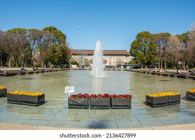 Tokyo, Japan – March 5, 2020 - View of the Honkan (Main Gallery) part of the Tokyo National Art Museum seen through the fountain in Ueno Park in the Taito ward of Tokyo