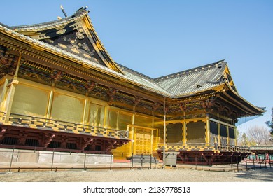 Tokyo, Japan – March 5, 2020 - Side view of the honden part of the Ueno Tosho-gu Shinto shrine located in the Taito ward of Tokyo