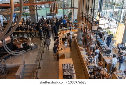 TOKYO, JAPAN - MARCH 9TH, 2019. Customers At The Busy Starbucks Reserve Roastery Coffee House. Top View.