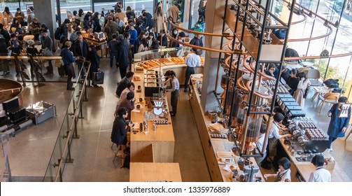 TOKYO, JAPAN - MARCH 9TH, 2019. Customers At The Busy Starbucks Reserve Roastery Coffee House. Top View.