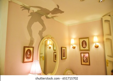 TOKYO, JAPAN - MAY 14: Wendy's room with Peter Pan's shadow on the wall showing in Tokyo Disneystore located at Shibuya, Tokyo