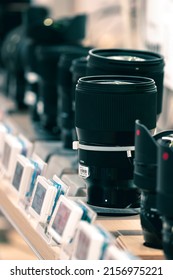 Tokyo, Japan - May, 2022: Close Up Of Camera Lens Being Sold At Japanese Electronic Department Store With Expensive Price Tag