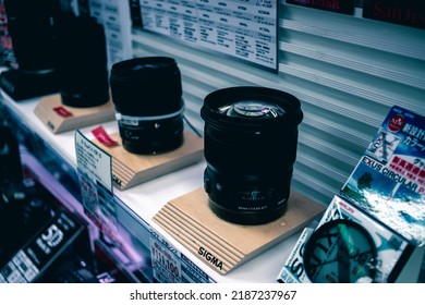 Tokyo, Japan - May, 2022: Close Up Of Camera Lens Being Sold At Japanese Electronic Department Store With Expensive Price Tag