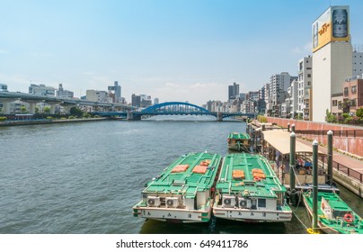 Tokyo, Japan - May 5, 2017: River Boats are docking on Sumida river side.