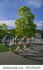 Tokyo, Japan, May 6, 2021, The five-ring Olympic emblem near the new national stadium for the Tokyo Olympics