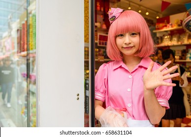 TOKYO, JAPAN - MAY 7, 2017:  Unidentified Cosplay Girl Dress Anime Characters Costume At Akeshita Street In Harajuku.