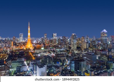 Tokyo, Japan modern urban skyline at night overlooking the tower.