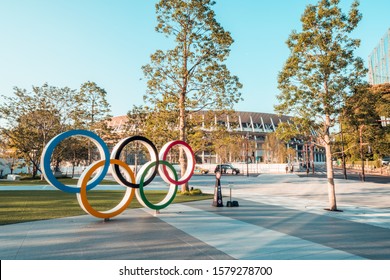 Tokyo, Japan - Nov 1, 2019: Olympic symbol logo at Japan New National Stadium in Shinjuku. Tokyo Summer Olympic 2020 host venue, international multi-sport event, or Japanese landmark concept