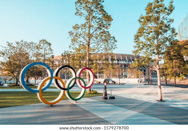 Tokyo, Japan - Nov 1, 2019: Olympic symbol logo\
at Japan New National Stadium in Shinjuku. Tokyo Summer Olympic\
2020 host venue, international multi-sport event, or Japanese\
landmark concept