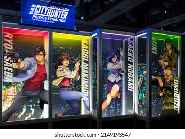 Tokyo, Japan - November 05 2019: Lightened Show Window Depicting The Characters Of Famous Japanese Anime And Manga City Hunter Or Nicky Larson In The Free Photo Spot Area Of Exhibit Private Exhibition